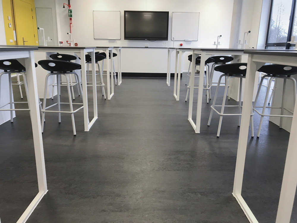 classroom, school laboratory with R10 floor covering norament arago