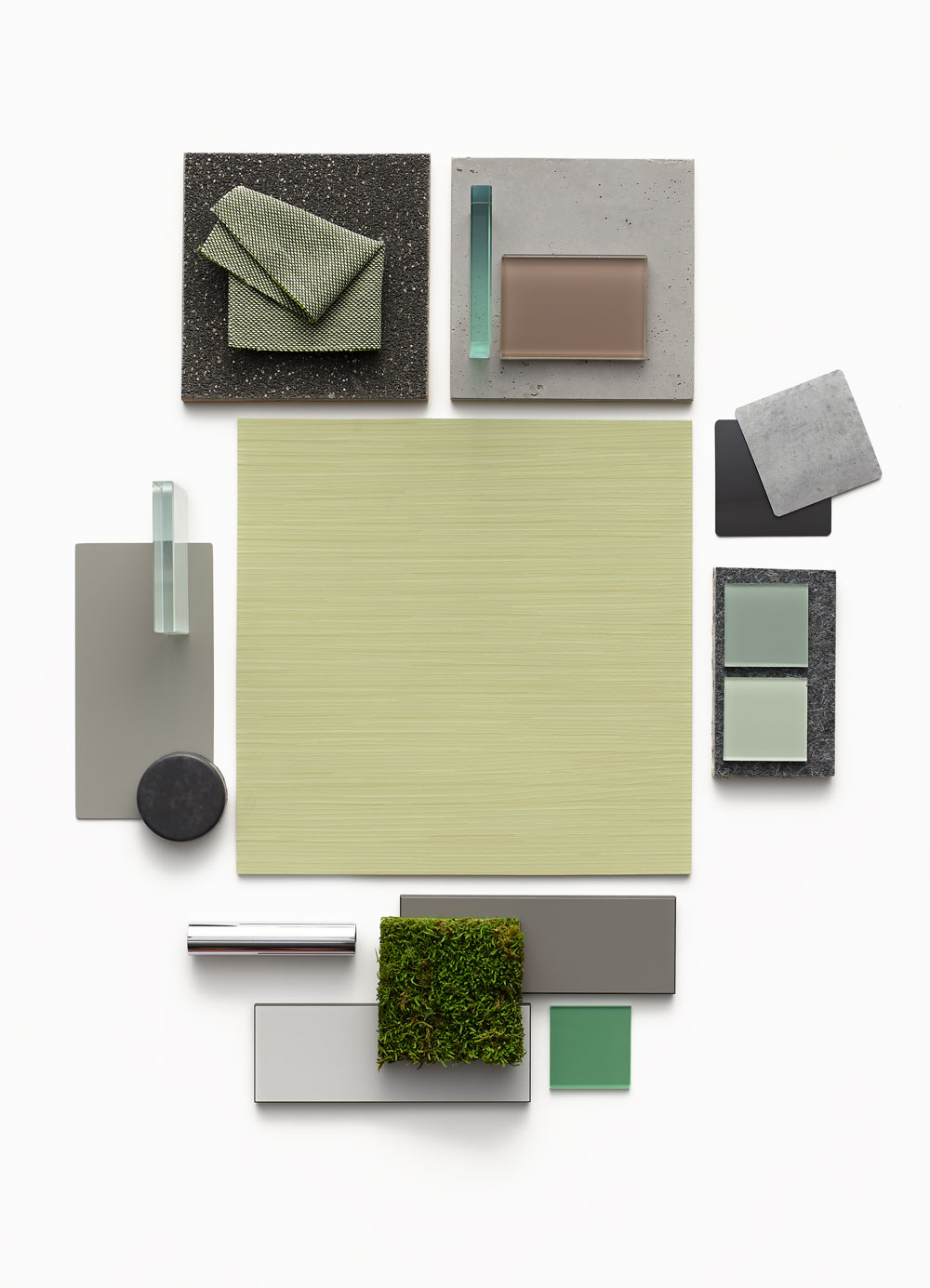 Collage with noraplan linee rubber floor covering in green and grey
