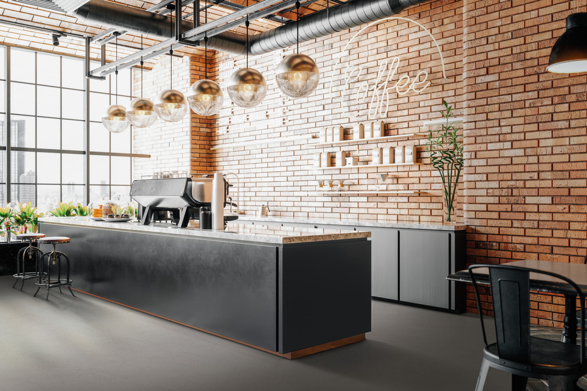 Coffeebar in historical brick ambience with norament 926 kivo floor covering