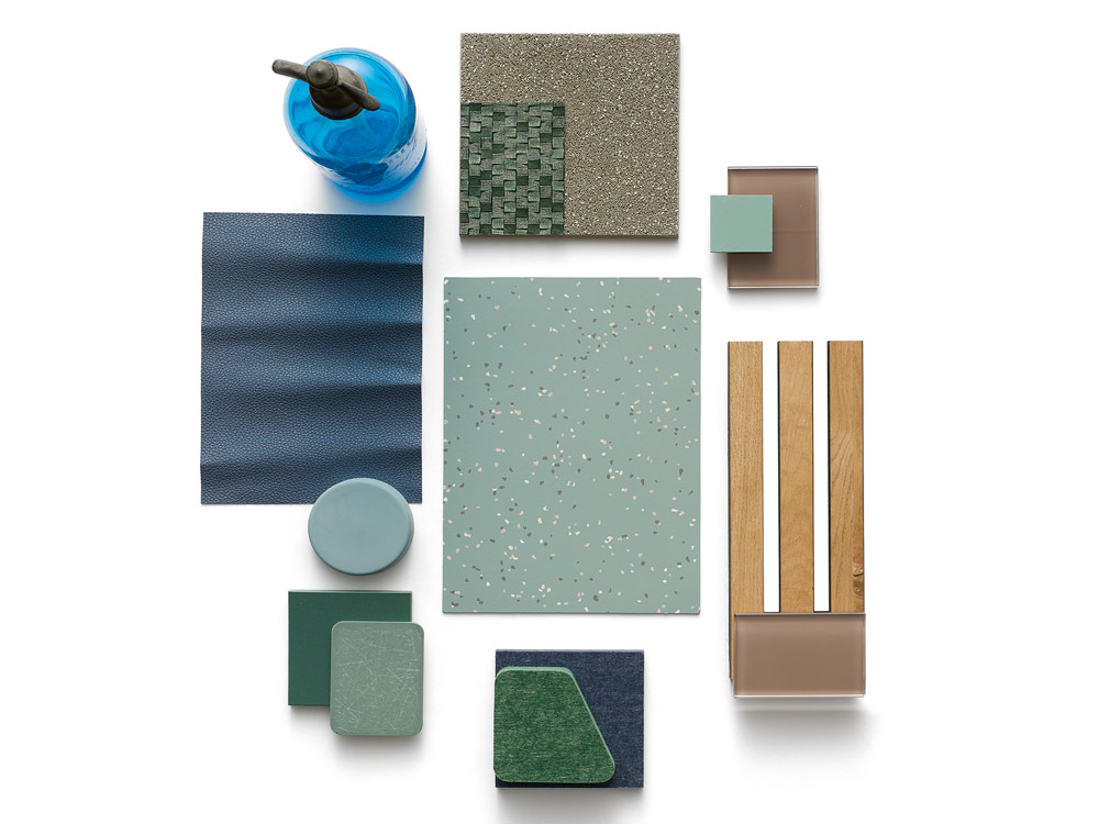 Collage: noraplan convia floorcovering in combination with other materials
