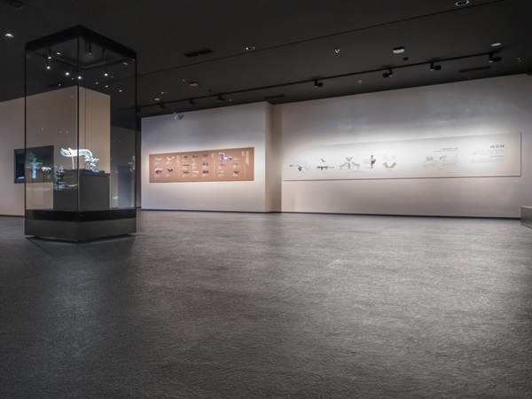 Generous museum architecture with a black ceiling and black floor gives the objects space to make an impact. Spacious museum room with vitrons and information walls