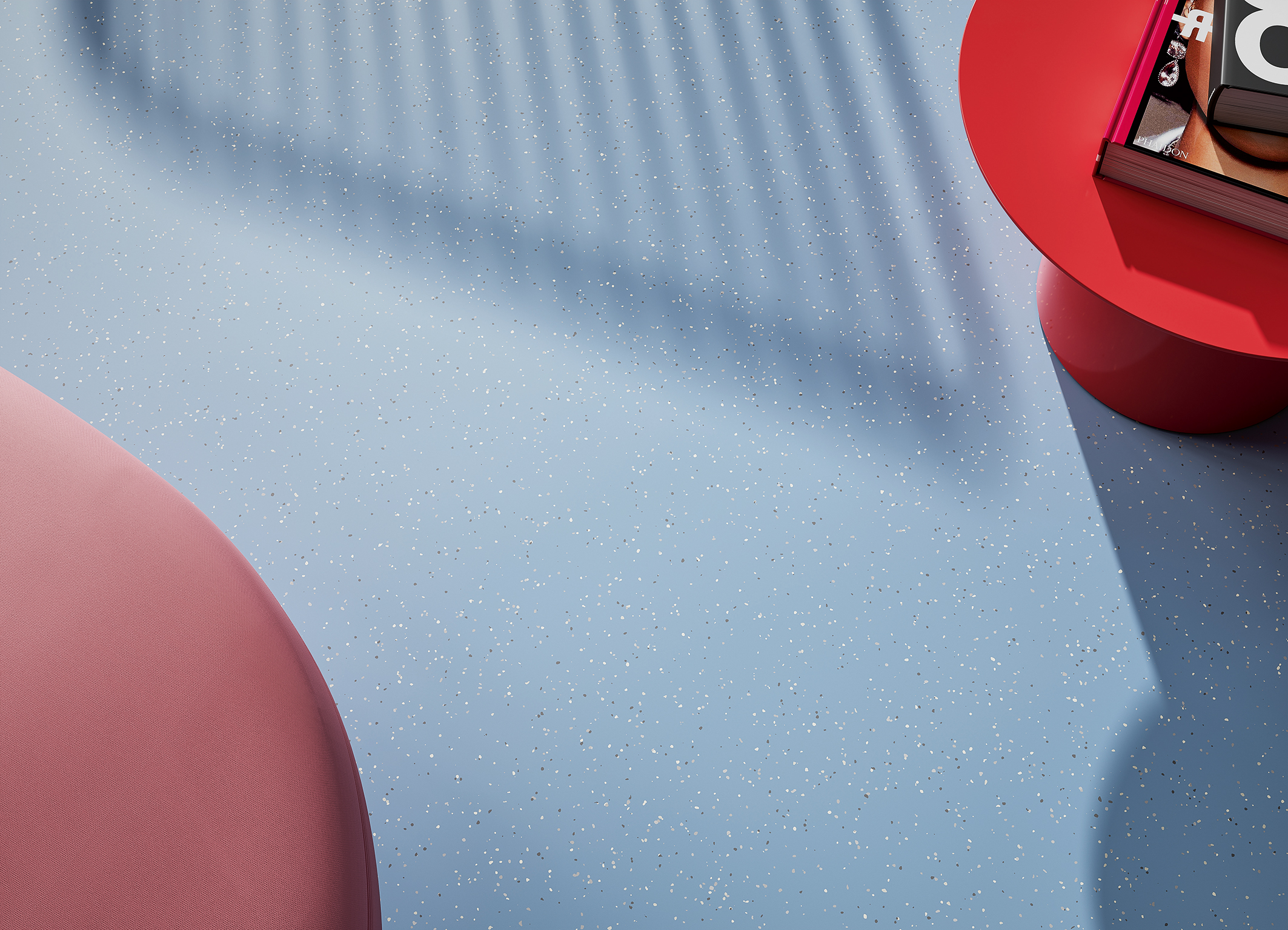Detaljbild: noraplan convia golv i blått med ett rött bord