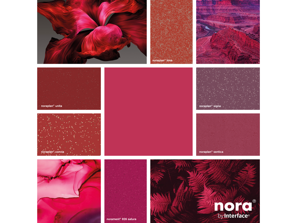 Collage of pantone trend colour 2023 viva magenta, ambience images and fitting nora floor covering designs
